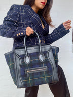 CELINE - Smooth Calfskin Tweed Tartan Medium Luggage Bag - Navy