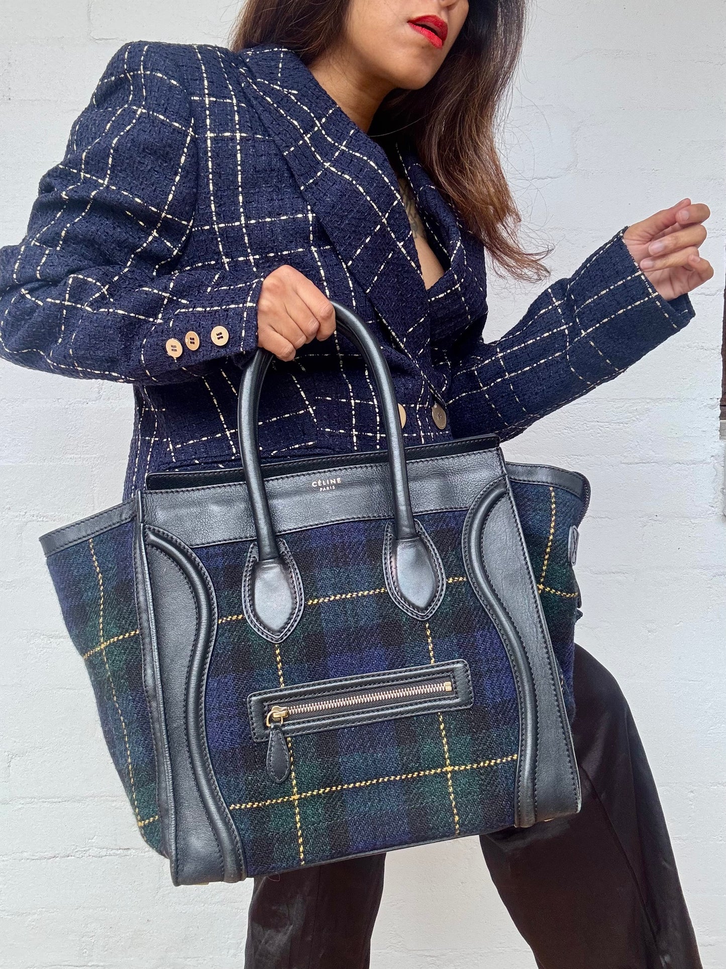 CELINE - Smooth Calfskin Tweed Tartan Medium Luggage Bag - Navy