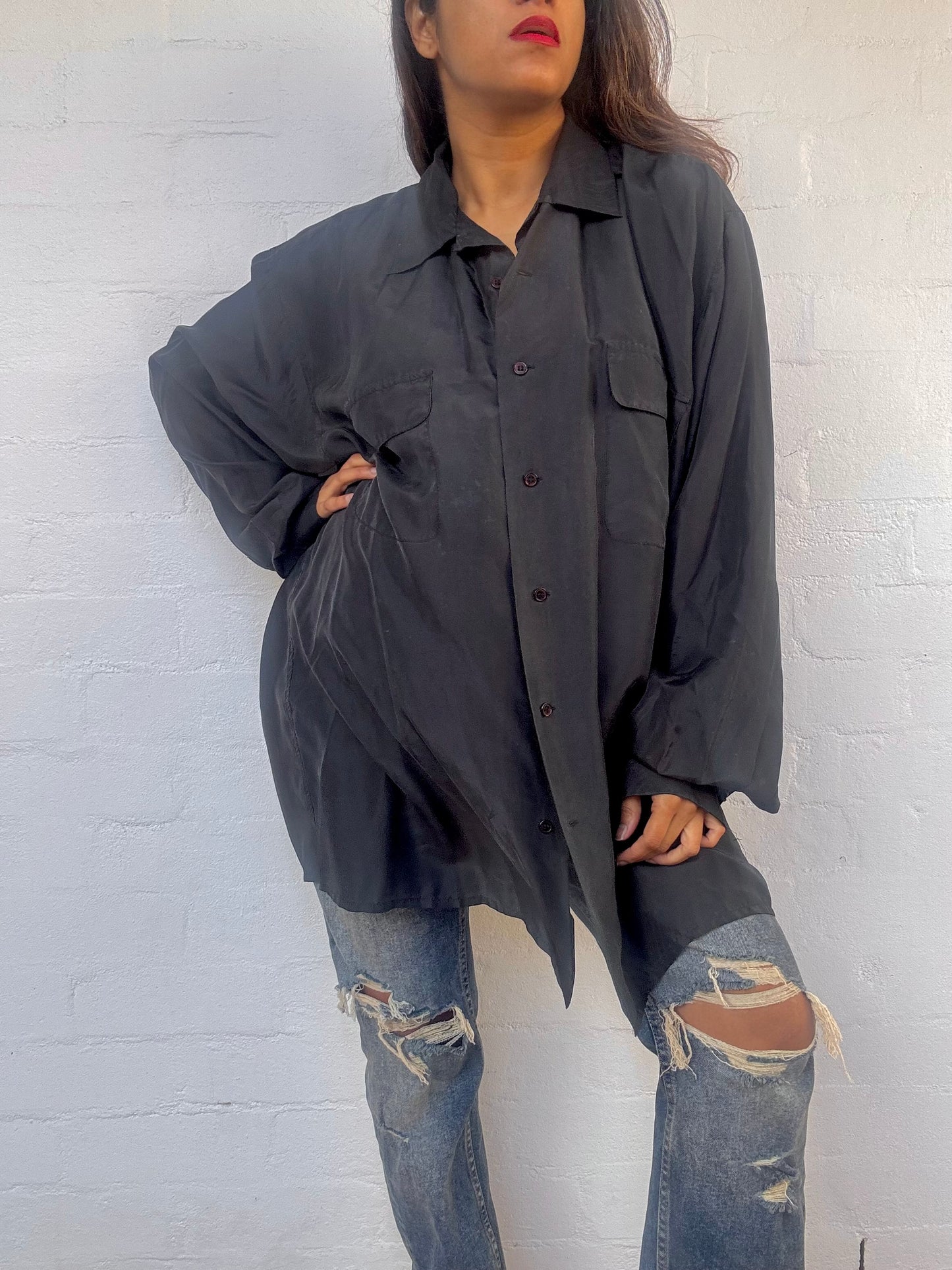 Vintage Black Silk Shirt - Featherlight