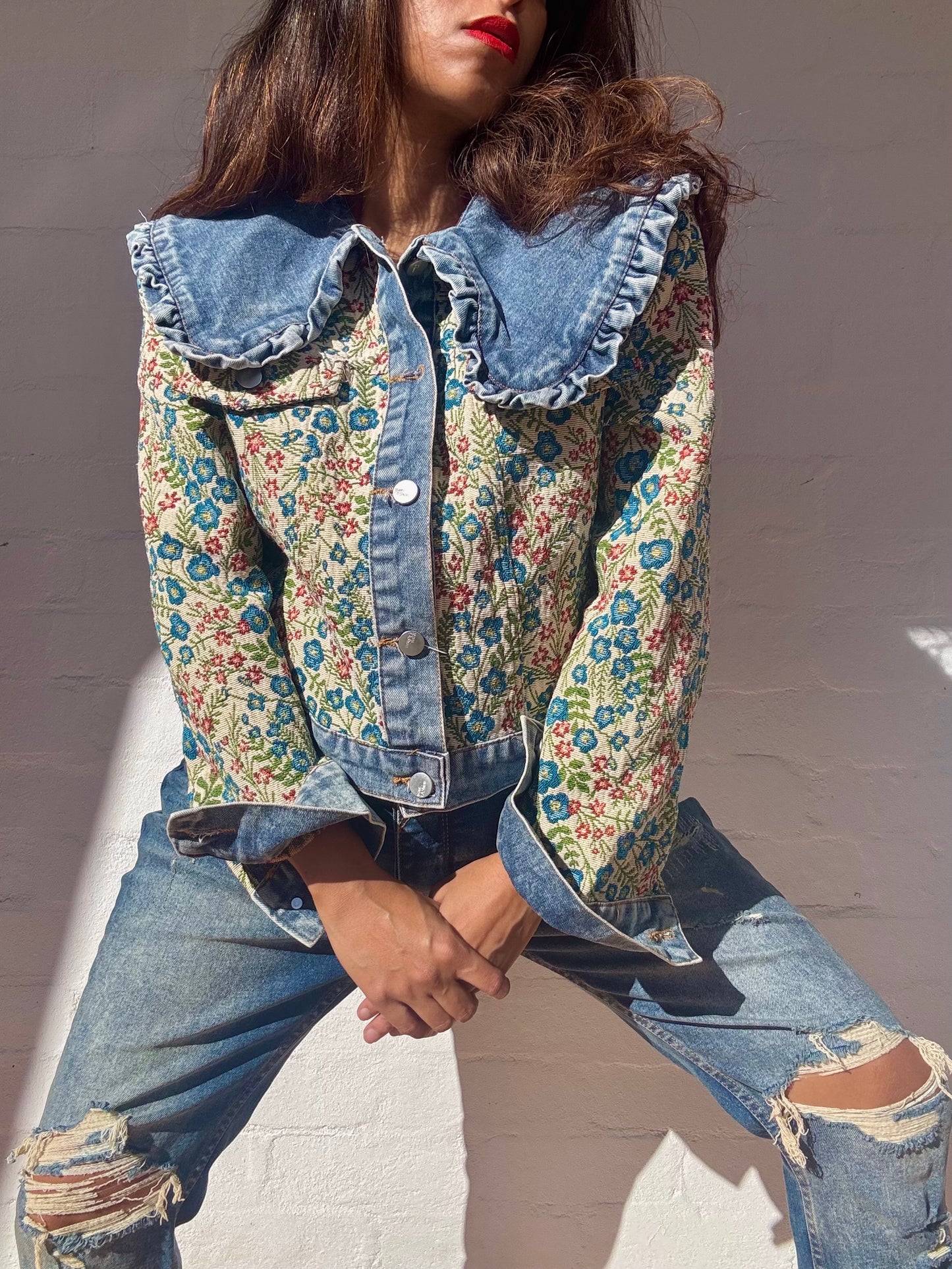 Denim Jacket with Tapestry Style Detailing