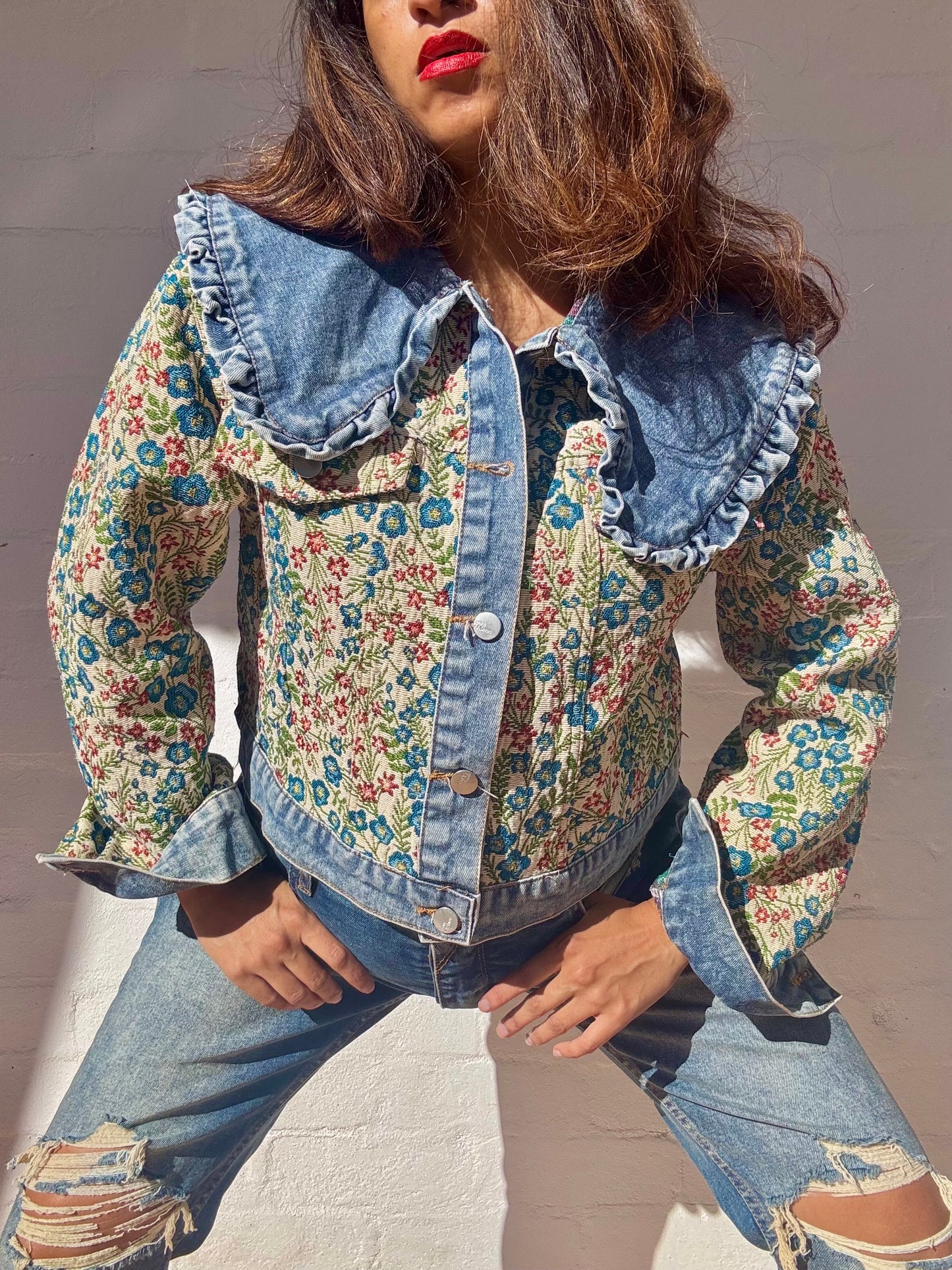 Denim Jacket with Tapestry Style Detailing