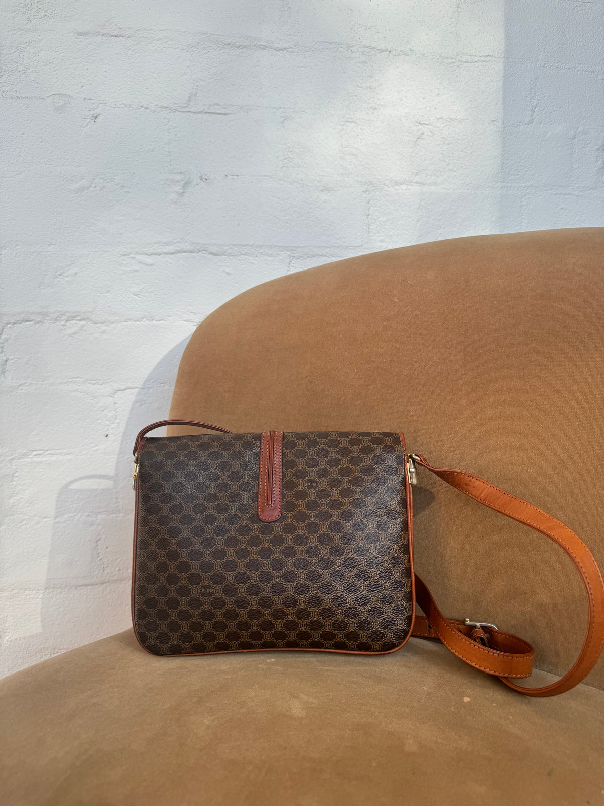 Authentic Vintage Celine Brown Macadam Canvas Shoulder Bag