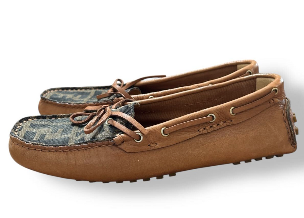 Fendi Brown Zucca Canvas & Leather Bow Loafers