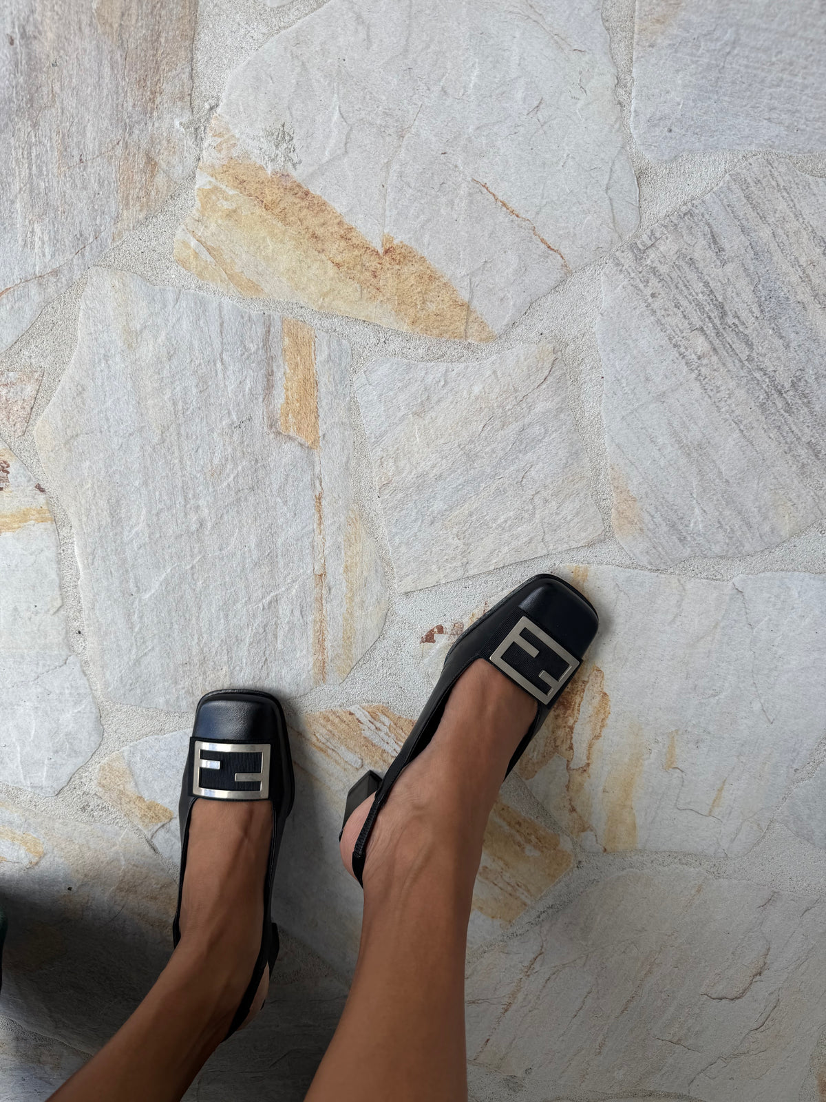 Vintage Fendi FF Buckle Leather Slingbacks - Black