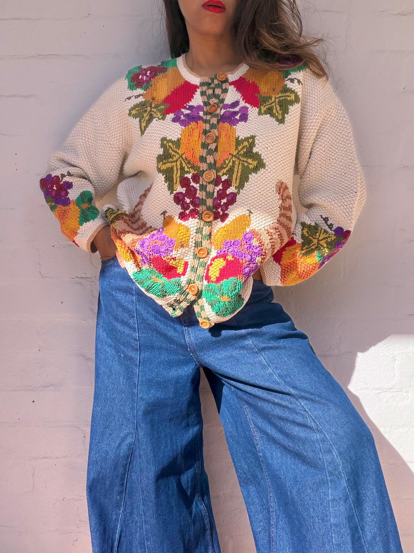 Rare Vintage Fruit Basket Print Cardigan - Hand Woven
