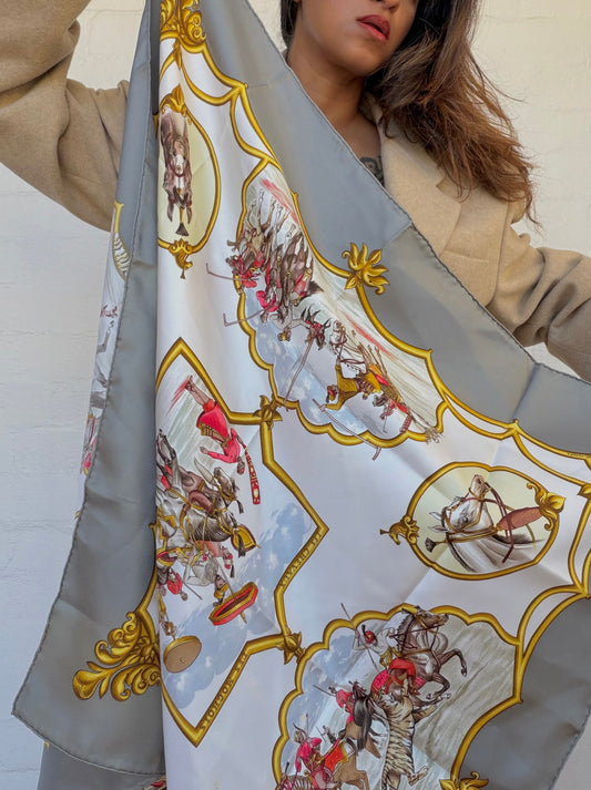 HERMÈS Scarf White Silk Les Chevaux Des Mughal with Box