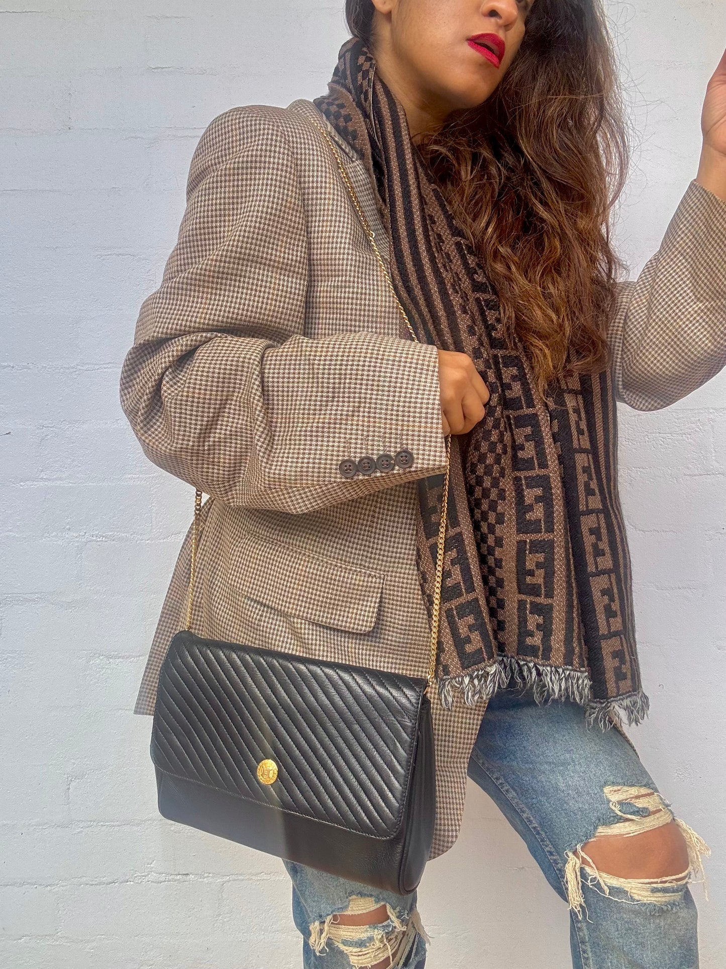 Vintage Fendi Wool Scarf in Black and Dark Brown Zucca Motif