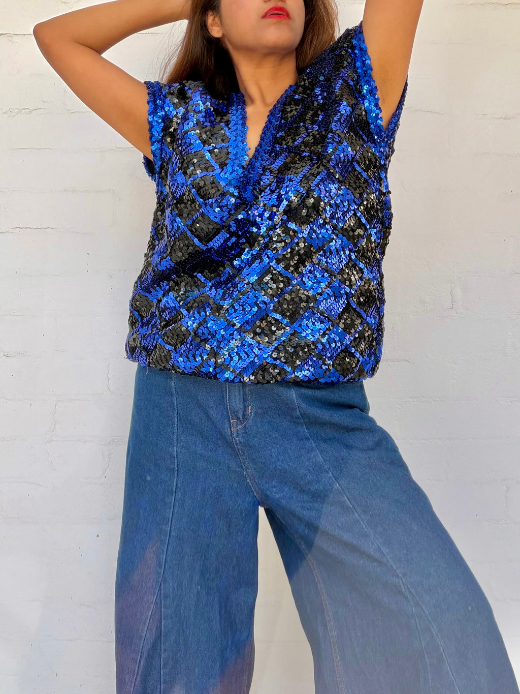 Vintage Sequin Diamond Top - Cobalt & Black