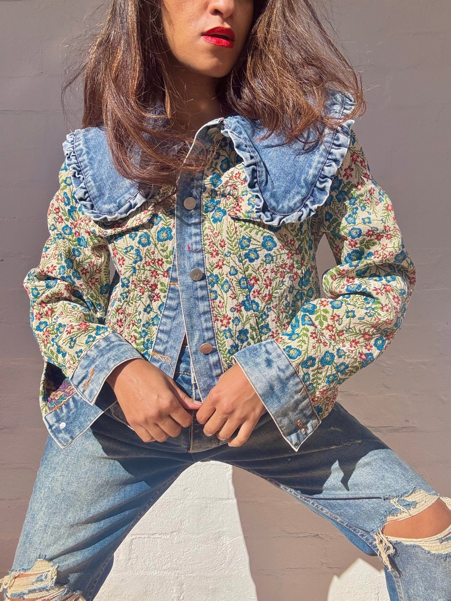 Denim Jacket with Tapestry Style Detailing