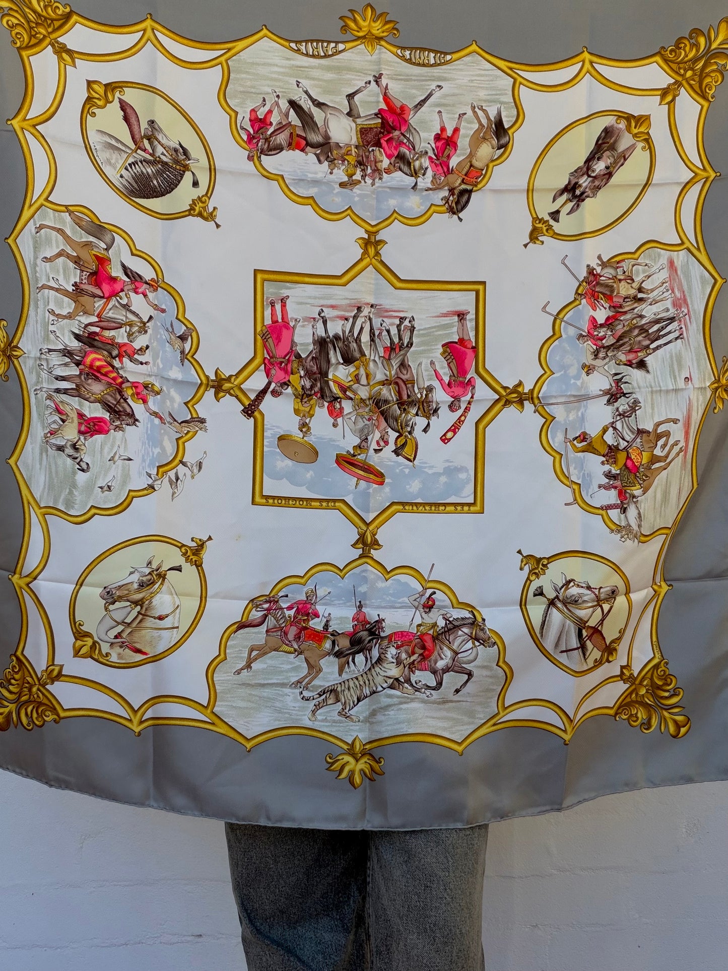 HERMÈS Scarf White Silk Les Chevaux Des Mughal with Box