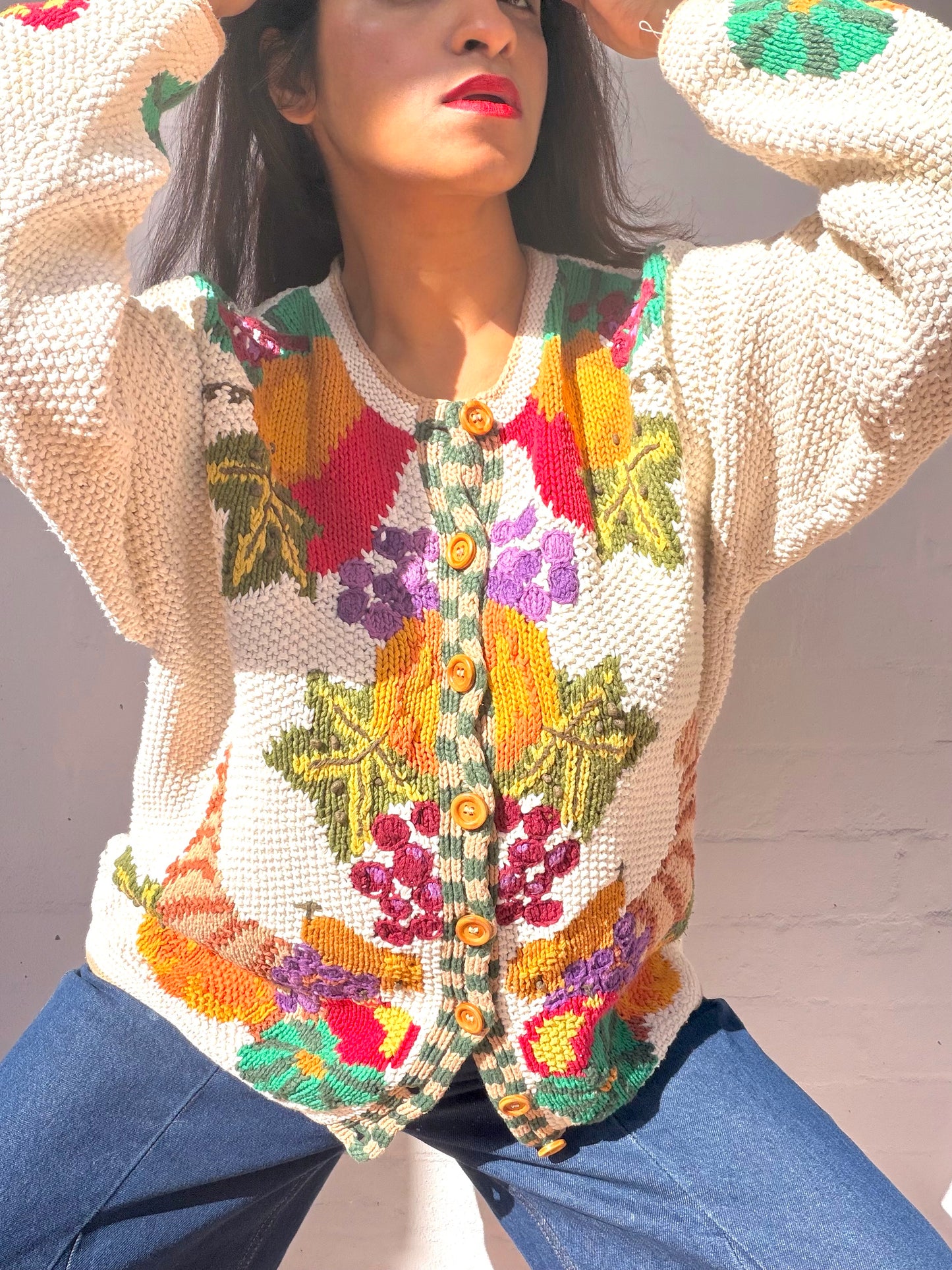 Rare Vintage Fruit Basket Print Cardigan - Hand Woven