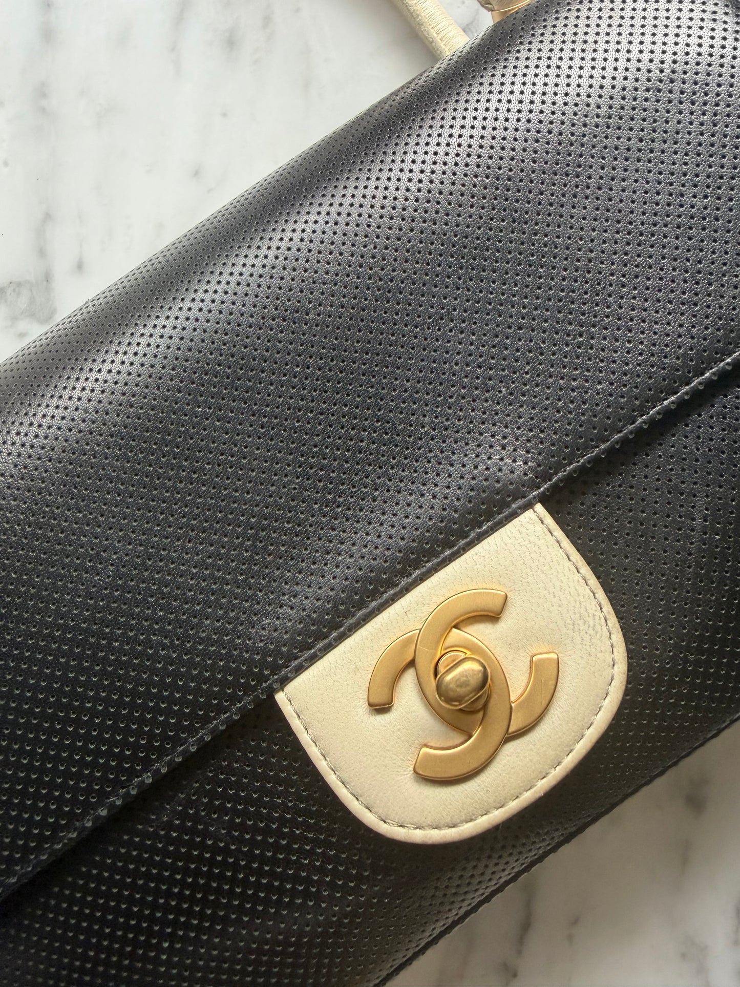 Vintage Chanel Coco Mark Perforated Leather Bicolour Flap Bag