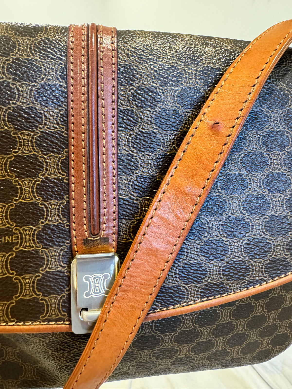 Authentic Vintage Celine Brown Macadam Canvas Shoulder Bag