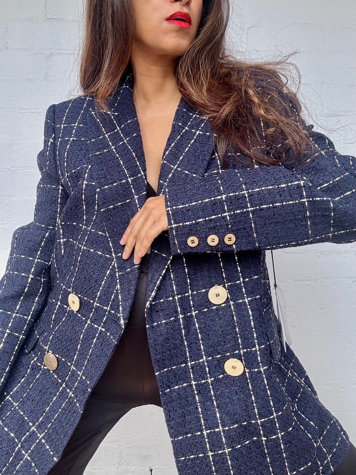 Camilla and Marc - Dominique Blazer Navy & Gold Check, Brand New with Tags
