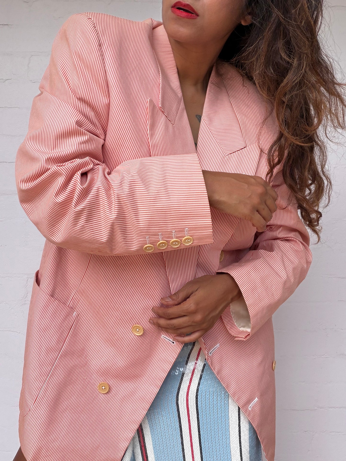 Authentic Dior Pinstripe Cotton Blazer - Coral