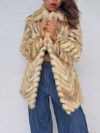 Rare Vintage Mink & Leather Herringbone Fur Coat - Cream & Chocolate