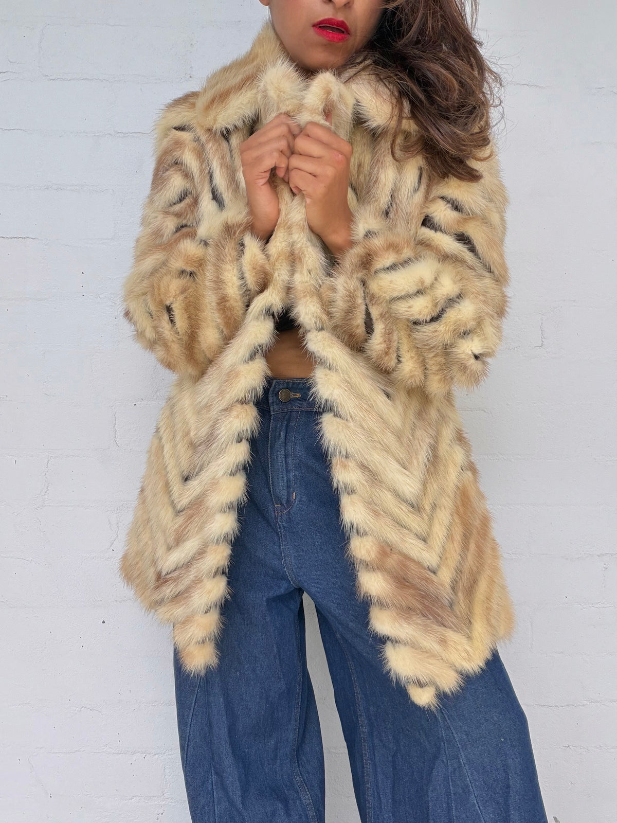 Rare Vintage Mink & Leather Herringbone Fur Coat - Cream & Chocolate