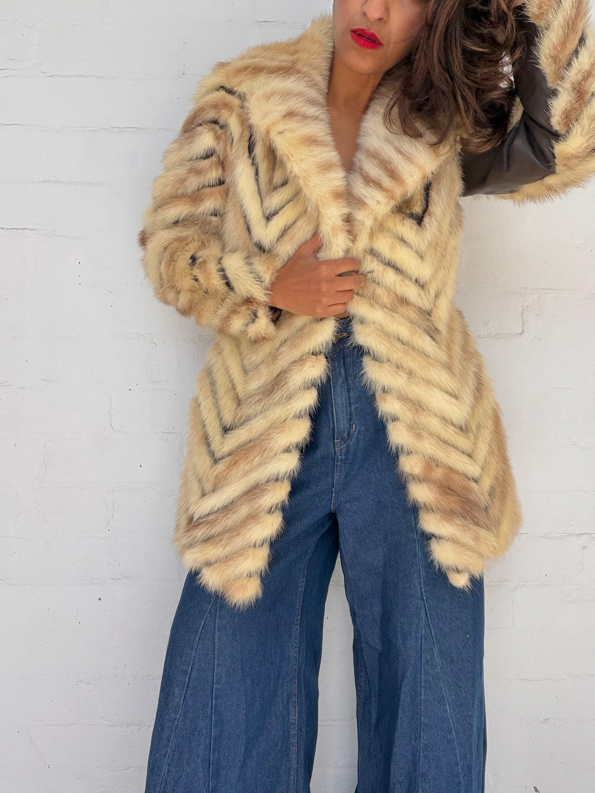 Rare Vintage Mink & Leather Herringbone Fur Coat - Cream & Chocolate