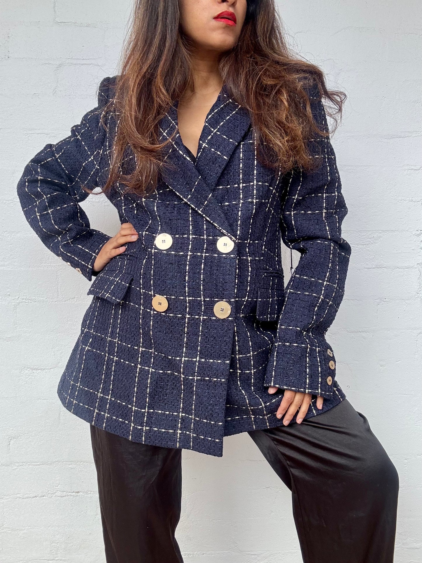 Camilla and Marc - Dominique Blazer Navy & Gold Check, Brand New with Tags