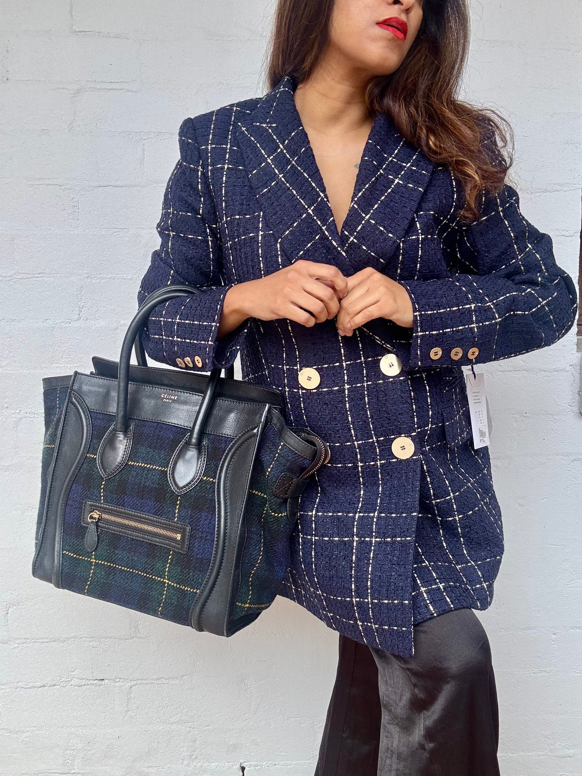 CELINE - Smooth Calfskin Tweed Tartan Medium Luggage Bag - Navy