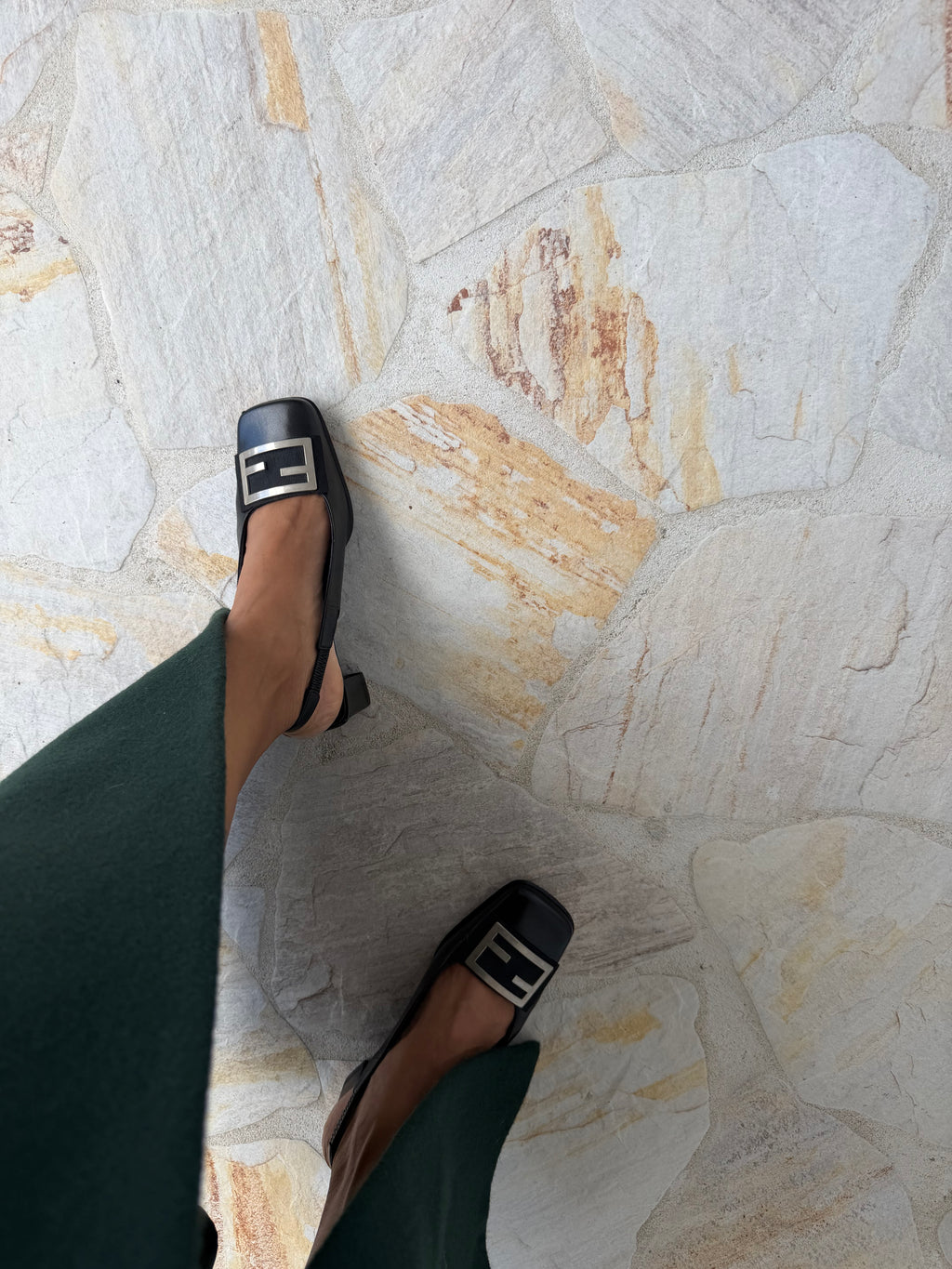 Vintage Fendi FF Buckle Leather Slingbacks - Black