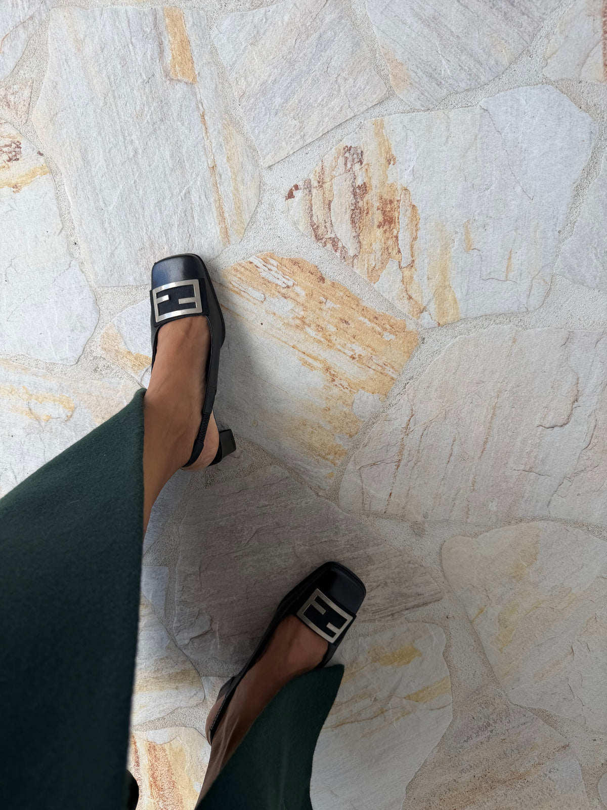 Vintage Fendi FF Buckle Leather Slingbacks - Black