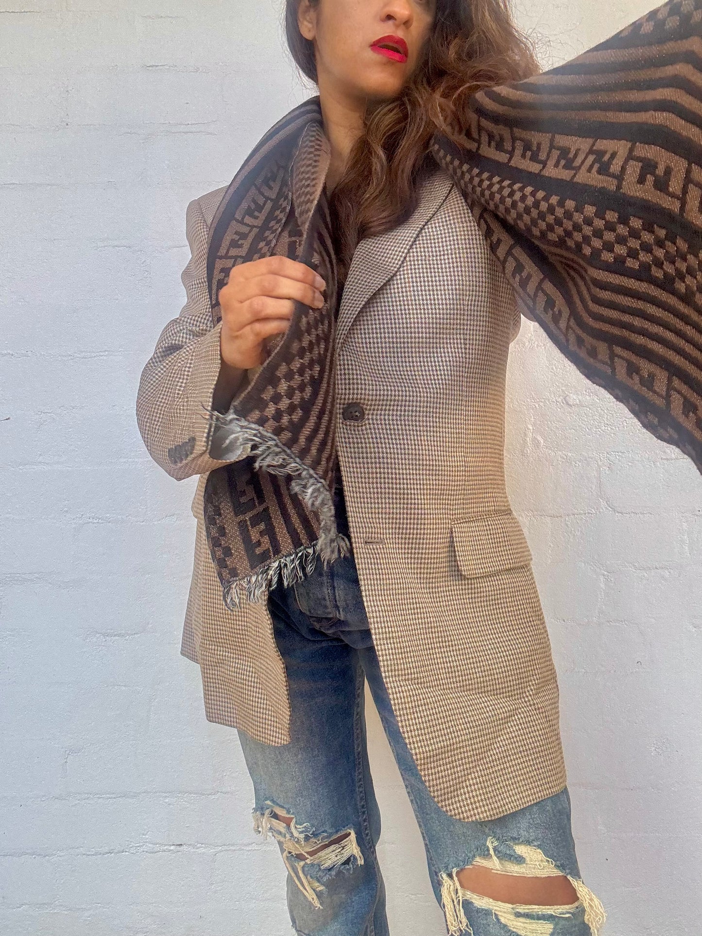 Vintage Fendi Wool Scarf in Black and Dark Brown Zucca Motif