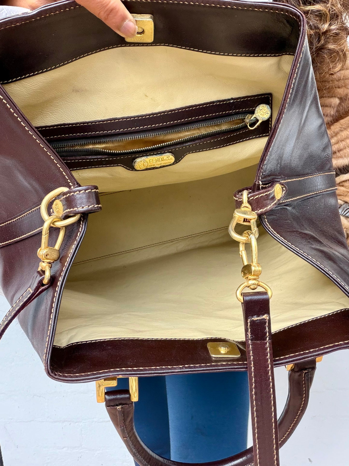 Vintage Fendi 2 in 1 Brown Leather Tote Bag Large
