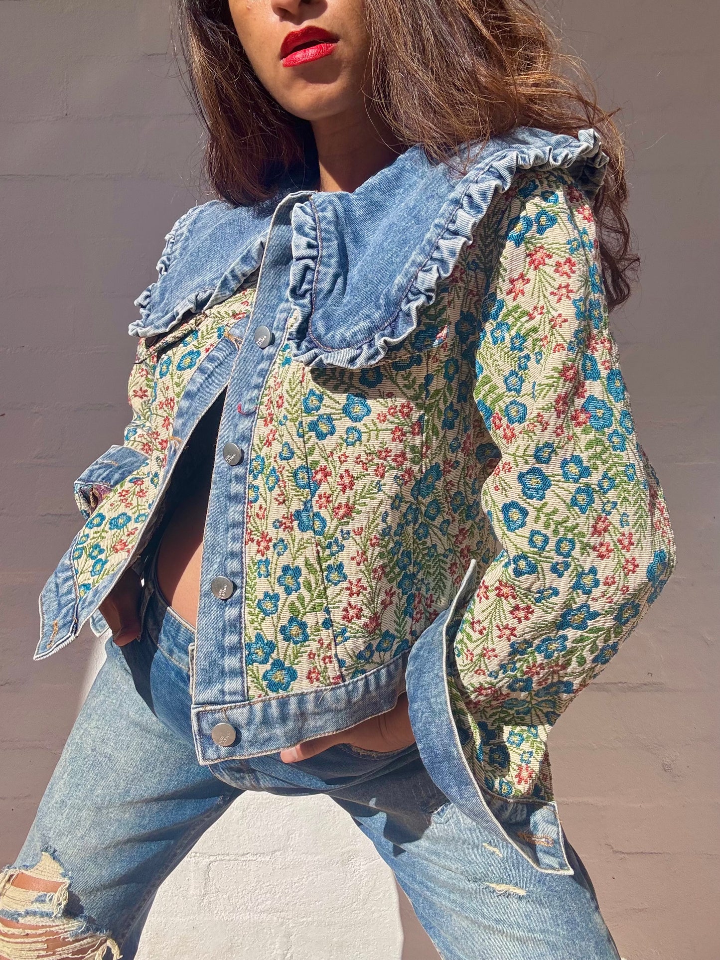 Denim Jacket with Tapestry Style Detailing