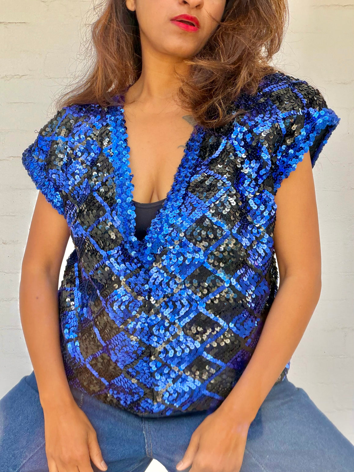 Vintage Sequin Diamond Top - Cobalt & Black