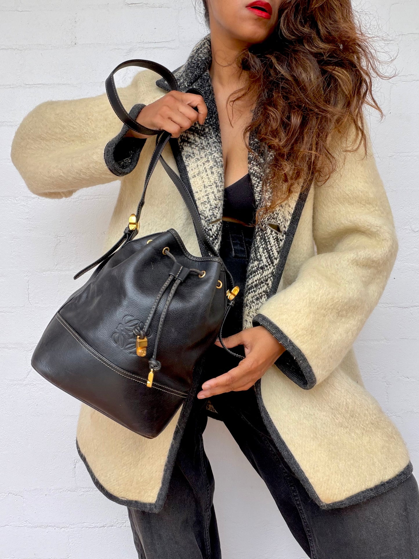 Rare Vintage Loewe Anagram Bucket Bag - Black