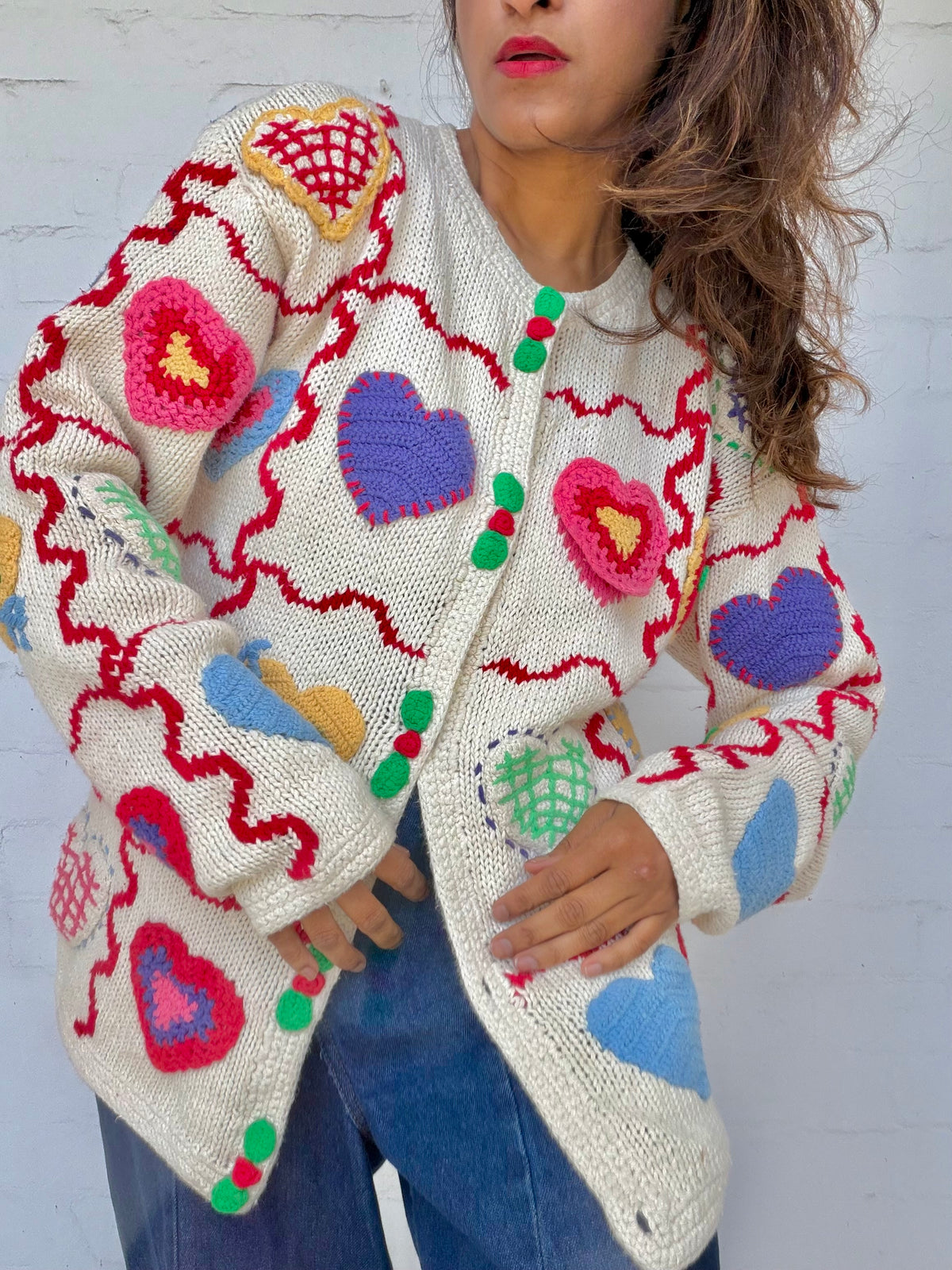 Vintage Hand-Knit Crochet Heart Cardigan