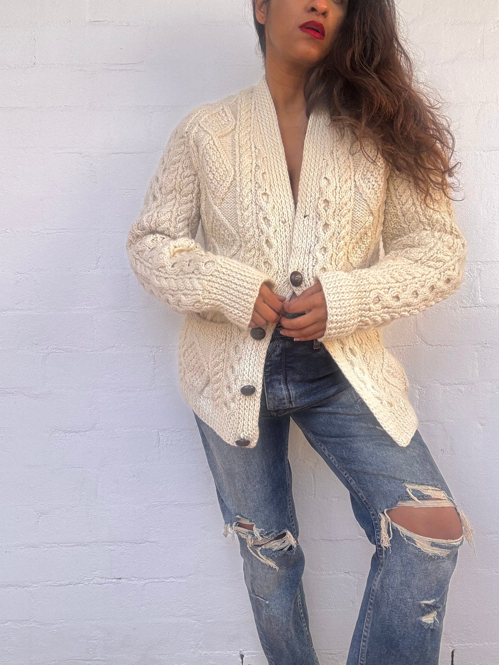 Vintage Irish Aran Knit Cardigan - Cream