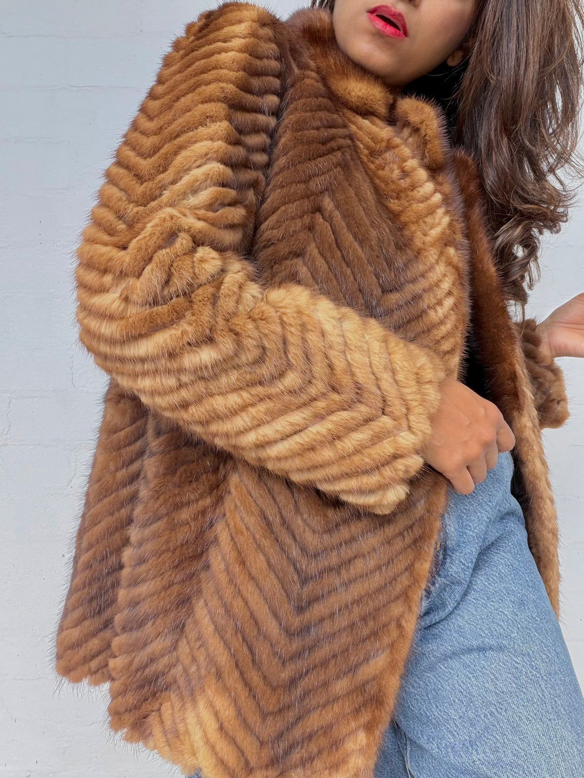 Vintage Mink Herringbone Fur Coat - Brown