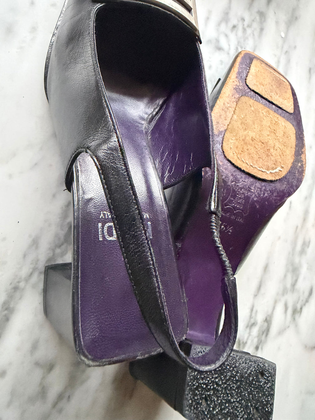 Vintage Fendi FF Buckle Leather Slingbacks - Black
