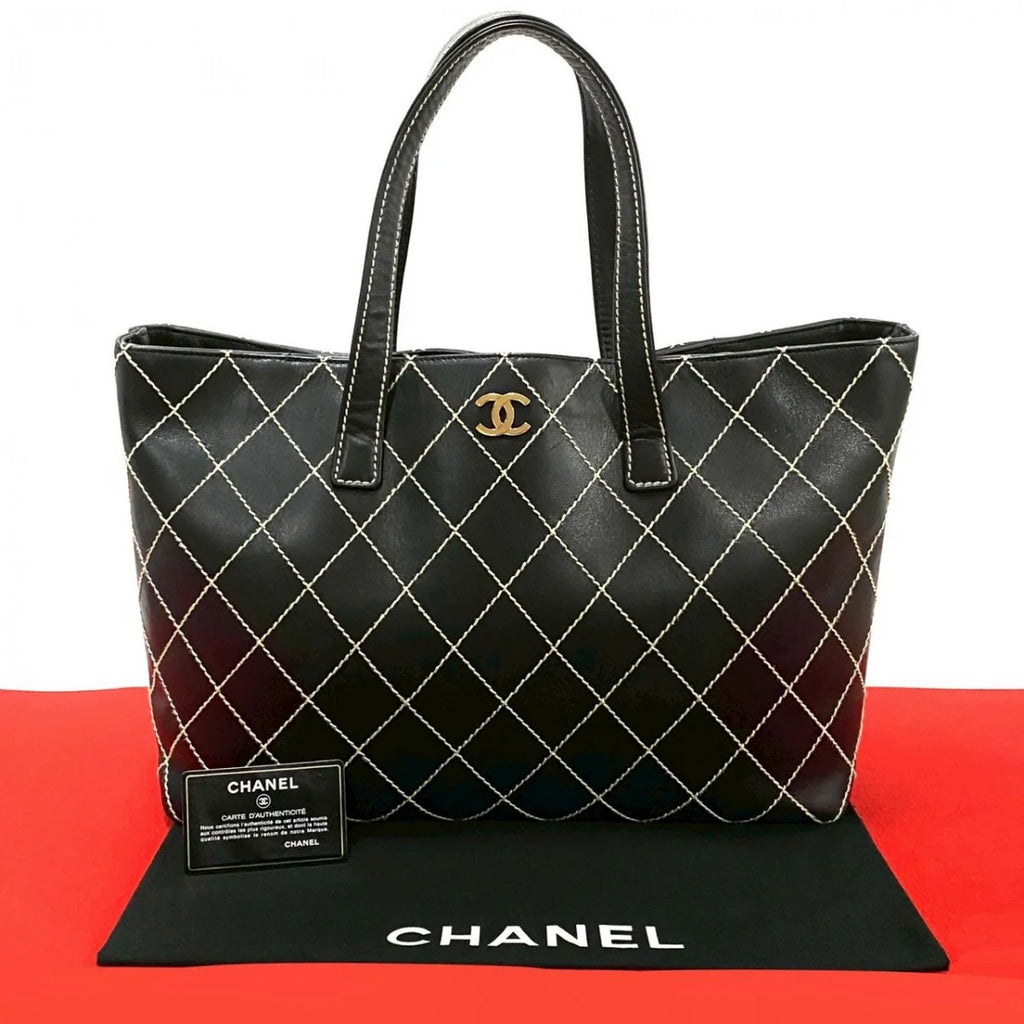 Chanel Black Leather Wild Stitch Tote Hand Bag