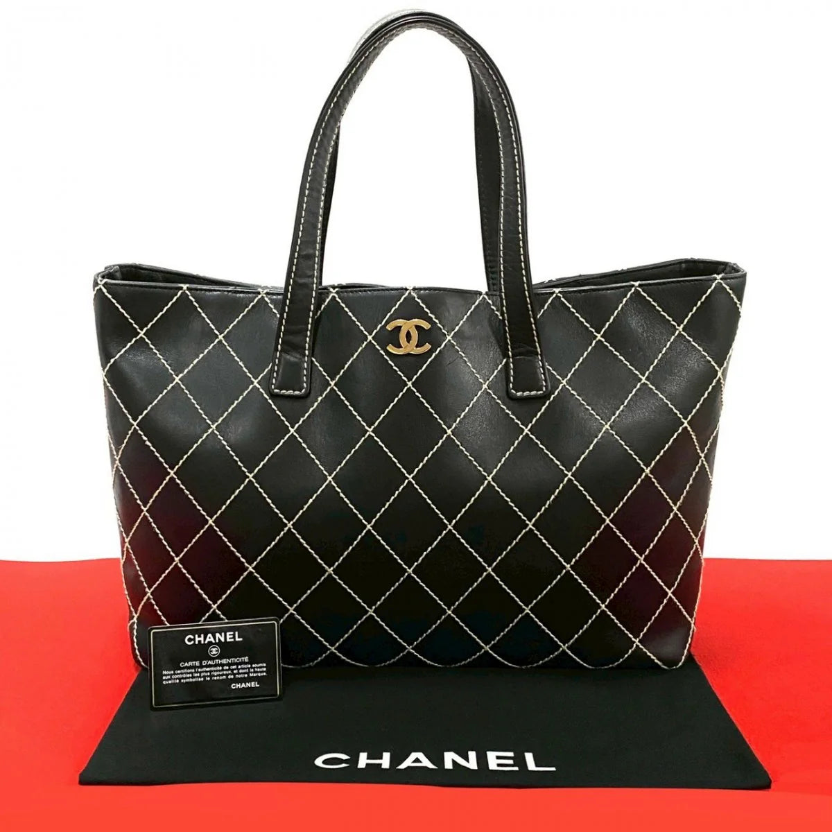 Chanel Black Leather Wild Stitch Tote Hand Bag