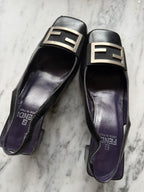 Vintage Fendi FF Buckle Leather Slingbacks - Black