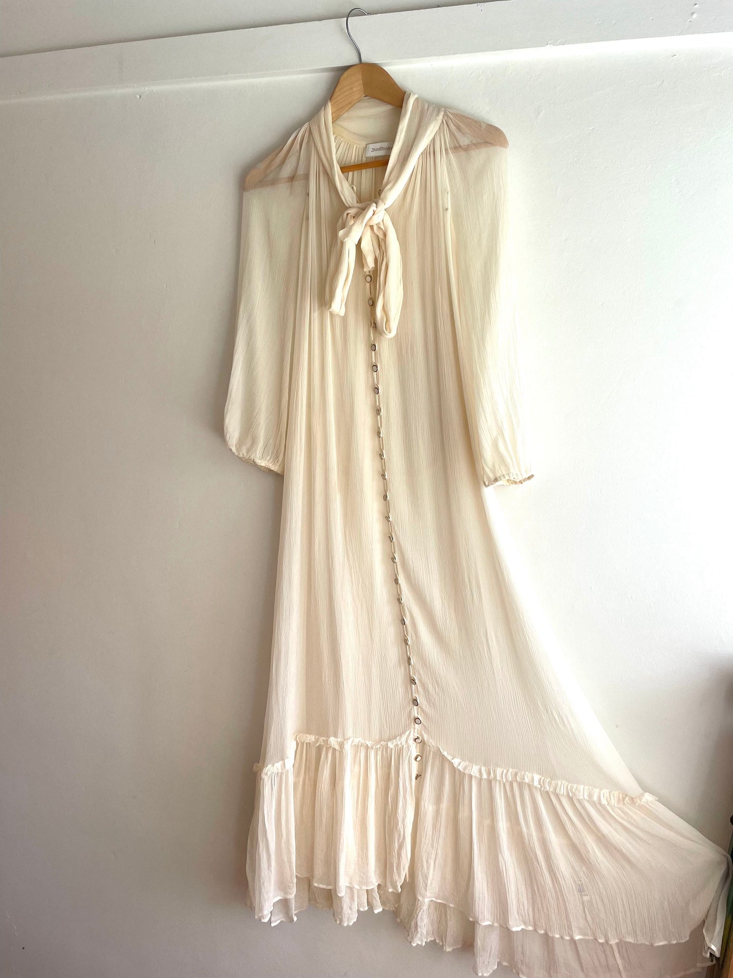 Zimmerman Espionage Neck Tie Silk Belted Sheer Ruffle Midi Dress