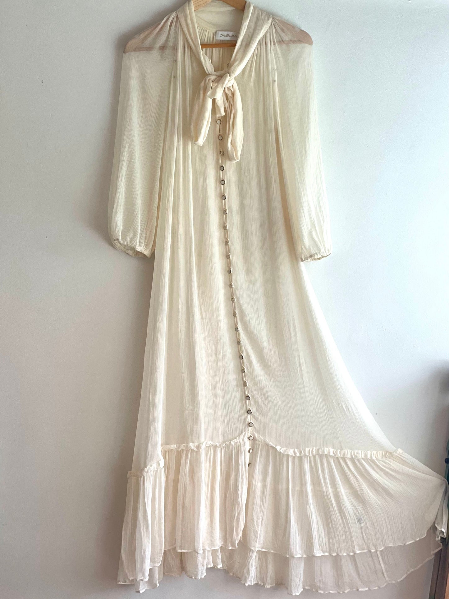 Zimmerman Espionage Neck Tie Silk Belted Sheer Ruffle Midi Dress